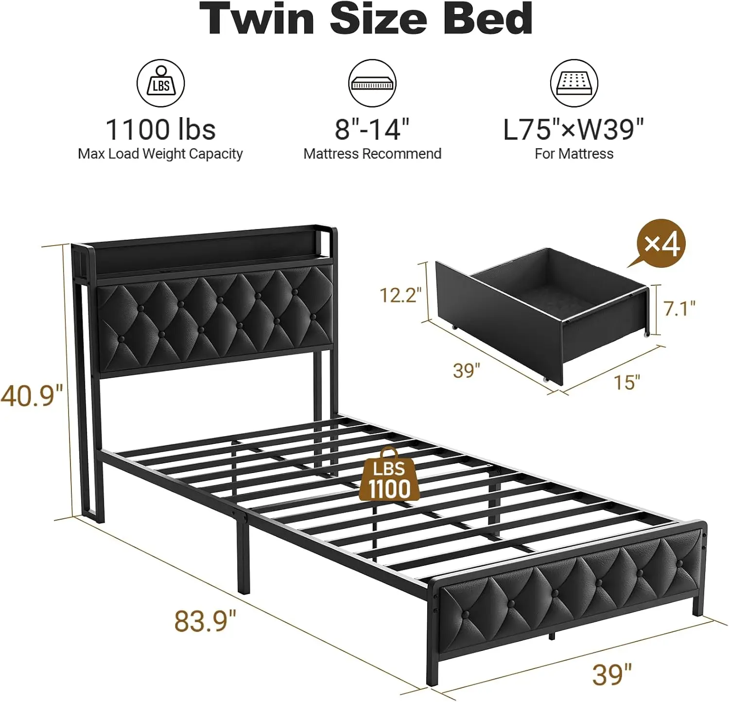 Twin Bed Frame with Button Headboard, PU Leather, All-Metal Support Platform LED Light Strip Twin Bed with Storage and Charge Station, Easy to Install, Stable, Noise-Free (Black)