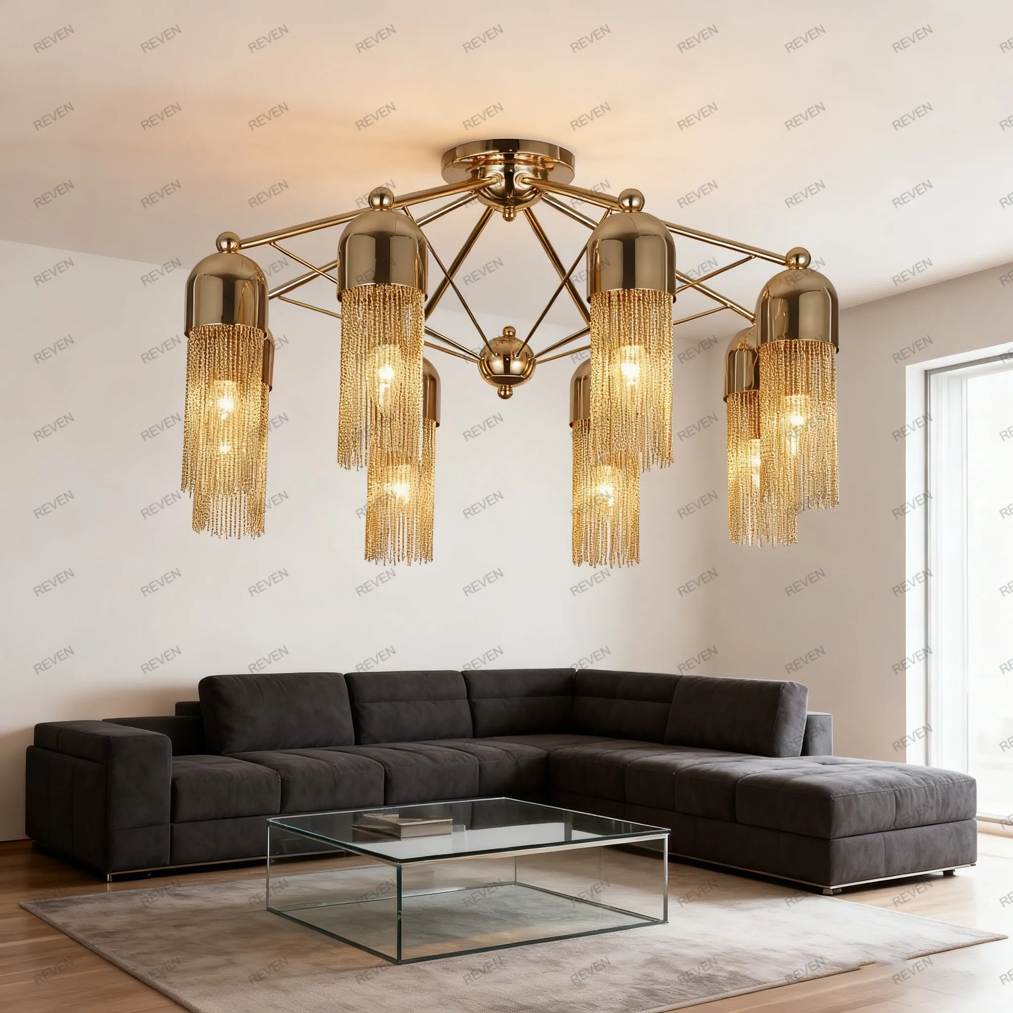 

REVEN Dimmable LED Chandelier Modern Ceiling Light 3-Color Change gold Glass Pendant Lamp for Living Room Home Interior Decor