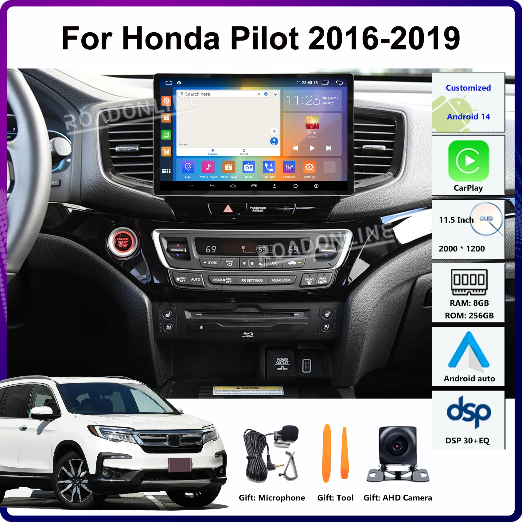 

11.5" Android 14 For Honda Pilot 2016-2019 Car Stereo Radio Receiver Multimedia Player GPS Head Unit CarPlay 4G+WiFi 2000*1200
