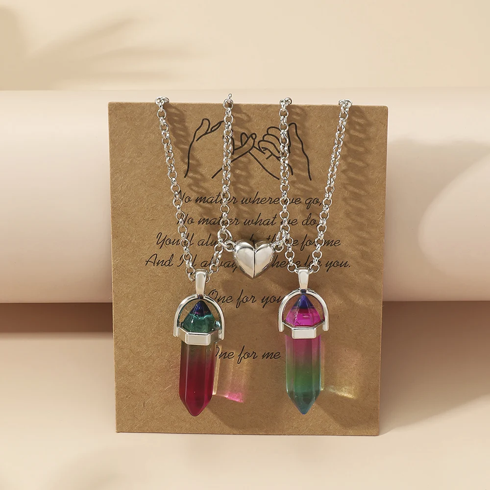 1Pair Magnet Heart Couple Necklace Natural Quartz Crystal Hexagonal Column Pendant Necklaces Valentine's Day Gift for Women Men