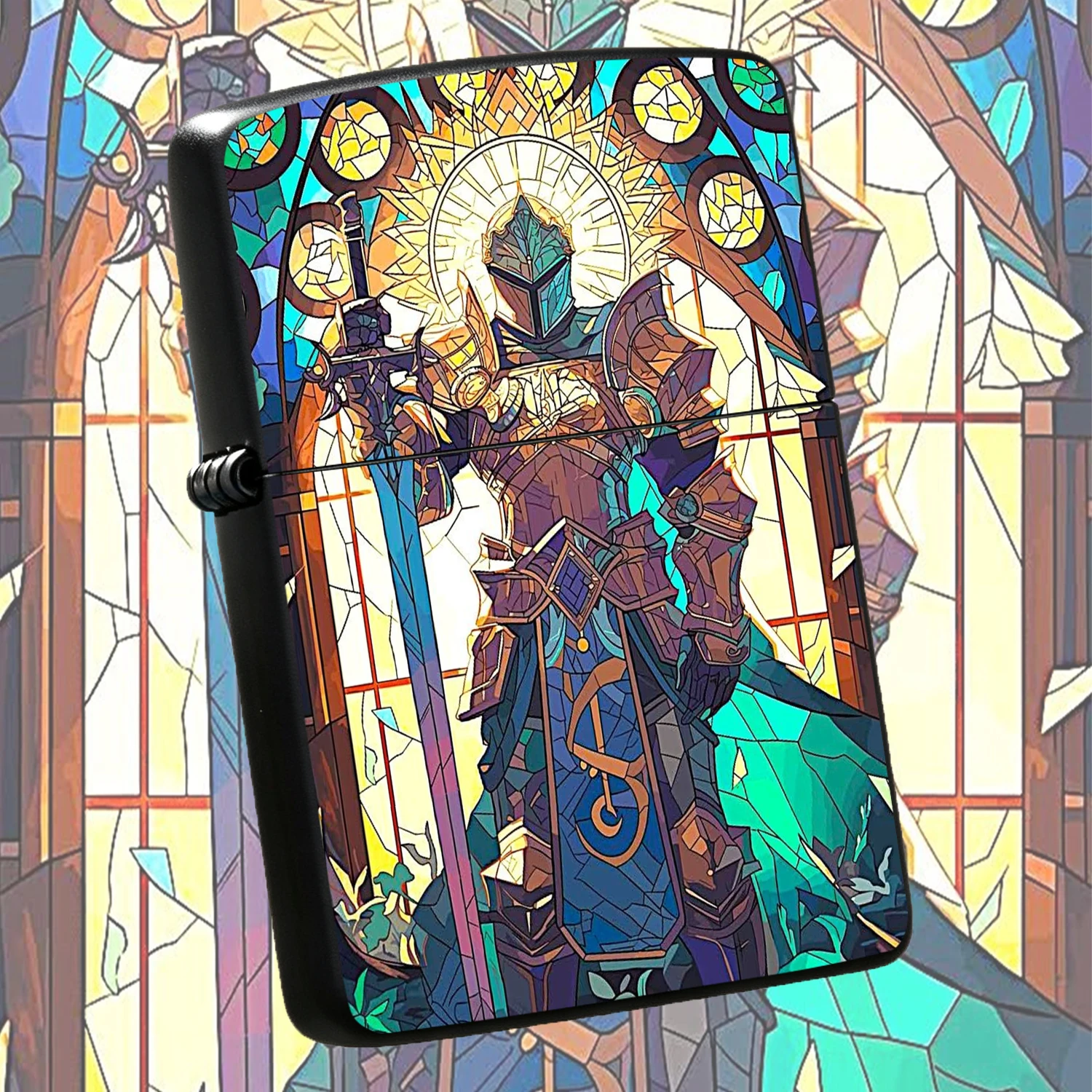 Stained Glass Holy Knight Themed, Painted Windproof Cool Personalized, Exquisite Armored Sword Pattern PORTABLE, Ideal Gift for Men, Collectible Desktop Decor Ornament, Retro Religious Style Practical Daily Ignition TOOL A fun and humorous