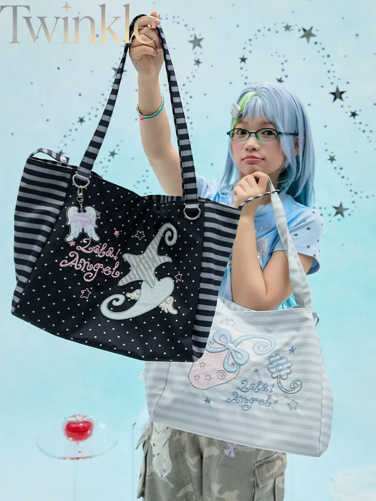Y2K Polka Dot Embroidered Large Capacity Tote Bag Women College Student Lightweight Shoulder Bag Commuter Campus