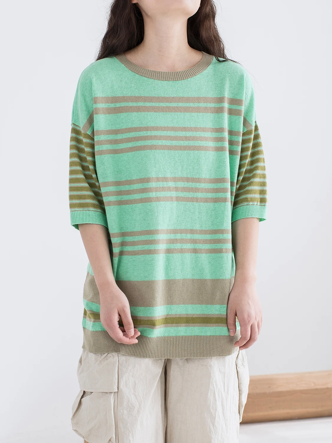 

Летняя хлопково-льняная свободная длинная футболка в полоску, тканая, большого размера, женская, для повседневной носки, с круглым вырезом