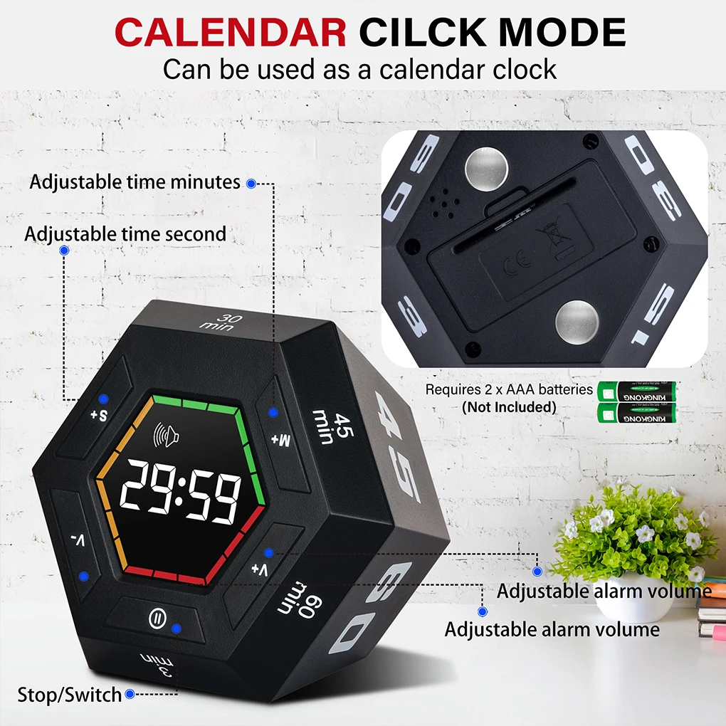 Hexagon Visual Flip Timer for kids Magnetic Smart Productivity Kitchen Timer Digital Study Pomodoro Cooking Timers