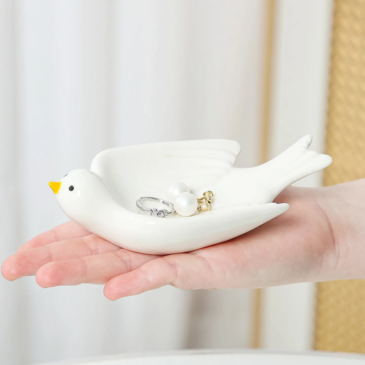 Ceramic Creative Bird Shaped Ring Tray Eye Pattern Jewelry Storage Dish Home Entryway Bedroom Holiday Decor Gift