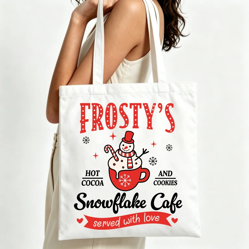 snowman and hot cocoa graphic canvas tote bag, casual style for winter shopping and holiday outings