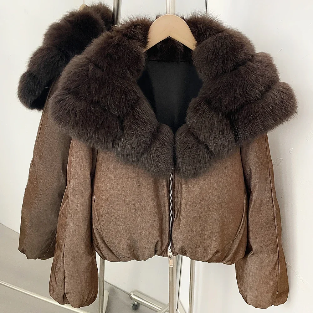 OFTBUY Warme Oberbekleidung Winter Voluminöser Fuchspelzkragen Mantel Damen Reißverschluss Daunenjacke Weiblich Lässiger Kurzer Daunenmantel – Detail 6