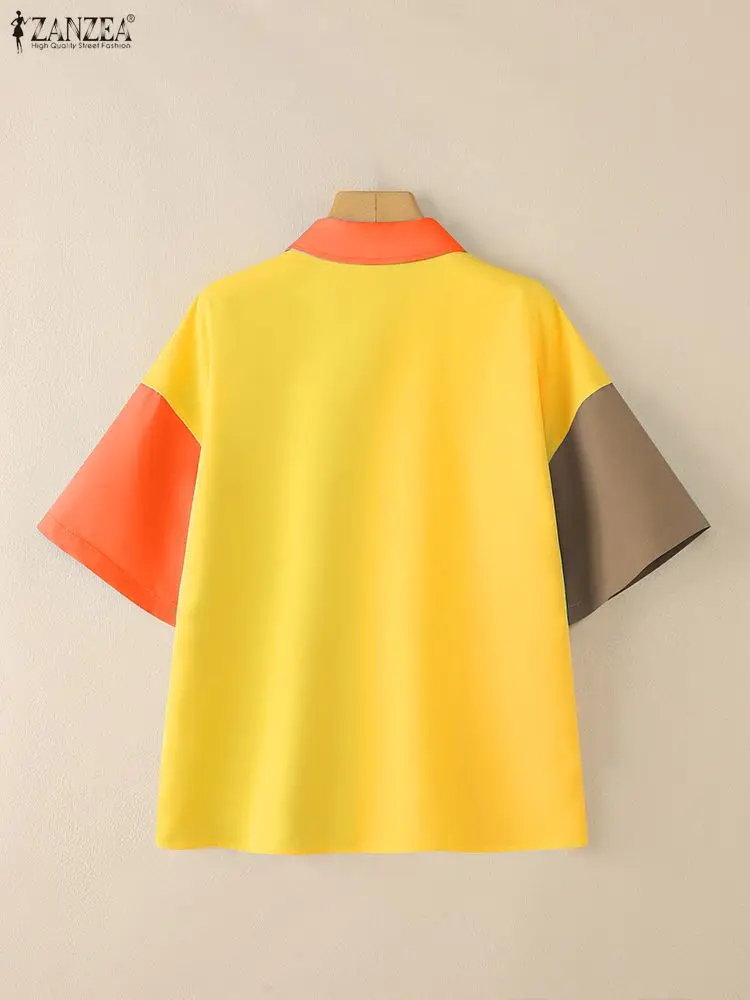 Zomer Stijlvol Shirt 2023 ZANZEA Vrouwen Patchwork Blouse Revers Hals Korte Mouw Werk Blusas Vrouwelijke Contrast Kleur Tops Oversize