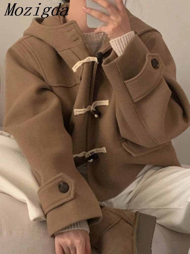 

Autumn Winter Oversize Chic Retro Women Woolen Coat Horn Buckle South Korea Loose Casual All-matching Short Hood Ladies Jackets