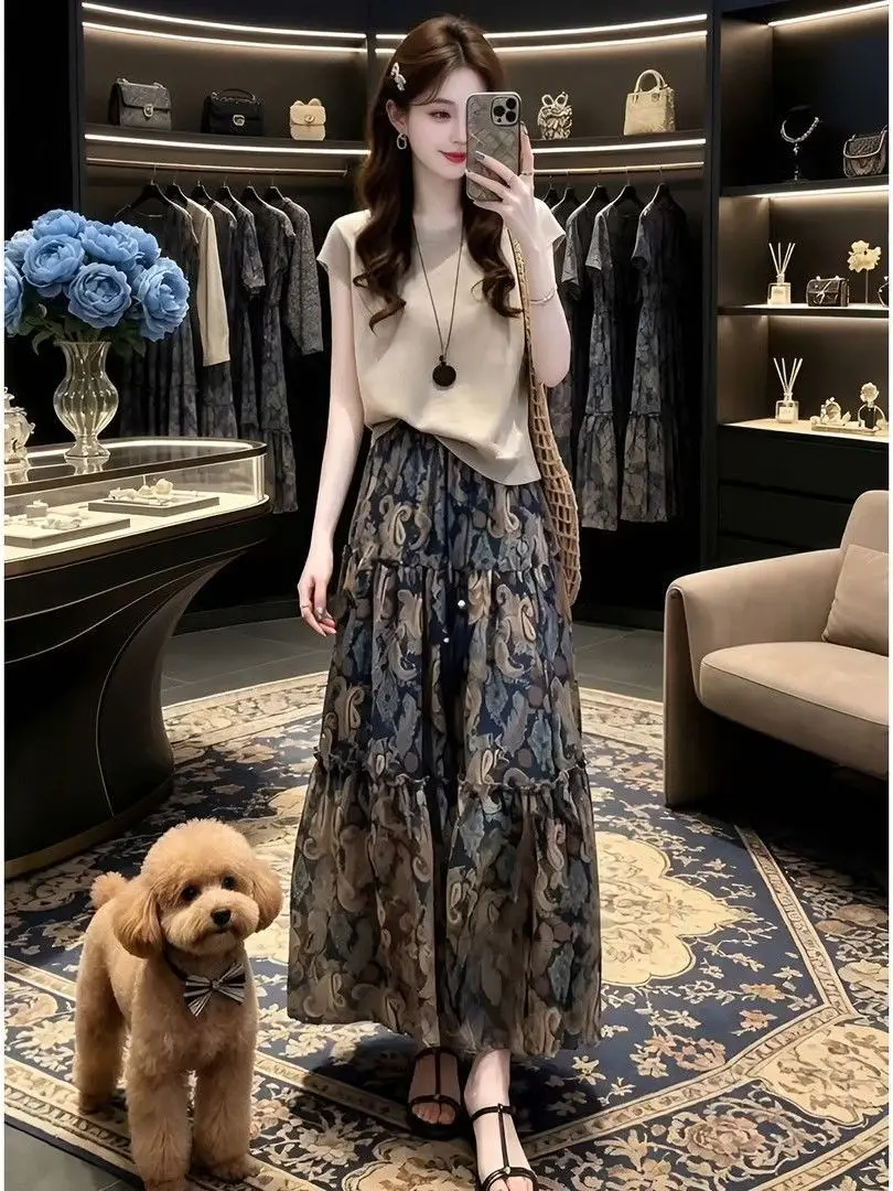 Summer Commute Elegant Two-Piece Set Knitted round Neck Top Floral Print Half-length Skirt Simple  Color Ensemble