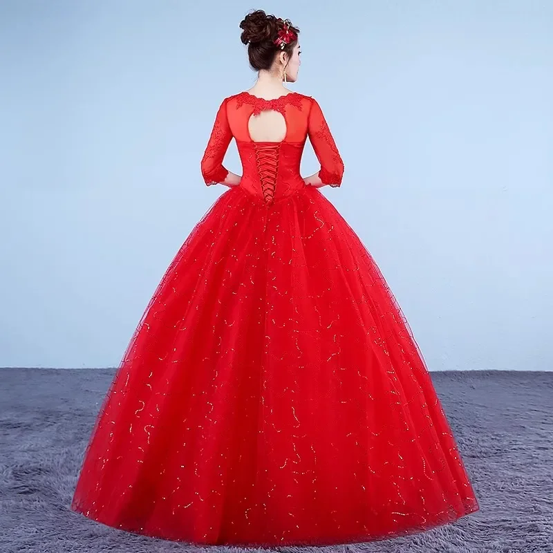 Cheap Red Wedding Dresses Tulle V-neck Half Sleeves Lace up Sequins Bling Floor-length Princess Plus size Bride Ball Gowns XN095