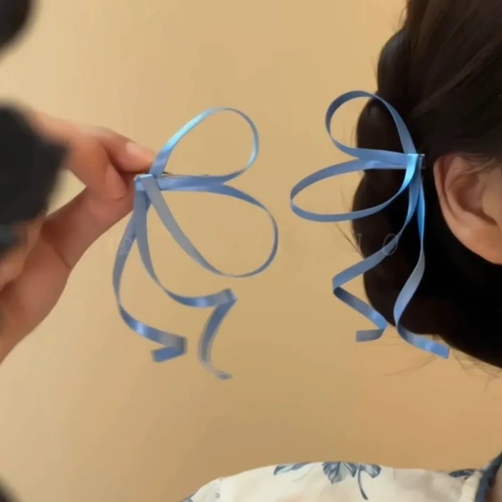 1 Pair Fairy Hair Jewelry 3D Satin Ribbon Bow Barrettes Silky Flowing Chinese Bow Hairpins Flowery Secure Side Hair Clip Bride