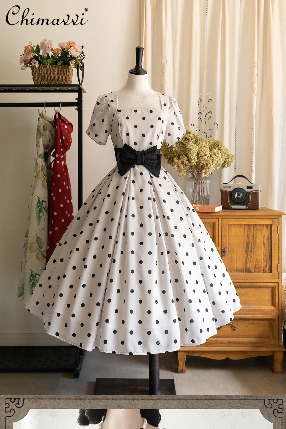 French Retro Spring Summer Women's Square Collar Polka Dot Big Hem Dresses Classic Slim Short Sleeve Sweet Lolita Long Dress