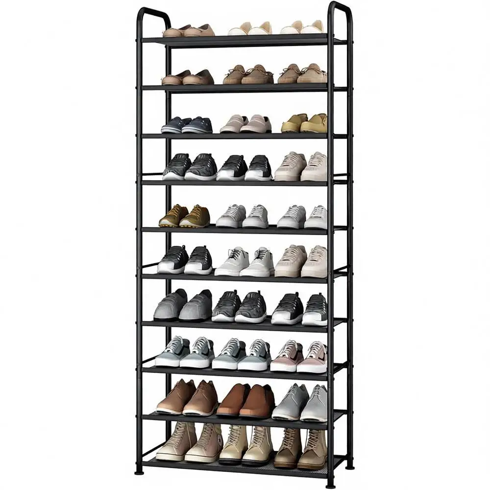 

10-Tier Mesh Shoe Rack, Tall Metal Organizer, Holds 30 Pairs, Adjustable Feet, Black