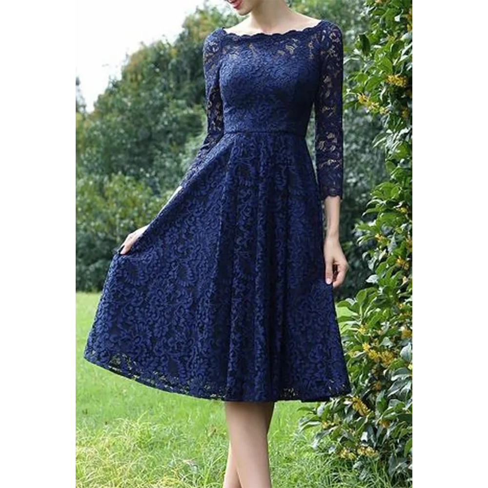 Navy Lace Mother of the Bride Dresses Boat Neck Three Quarter Sleeves Ziper Back Tea Length Wedding Party Dresses