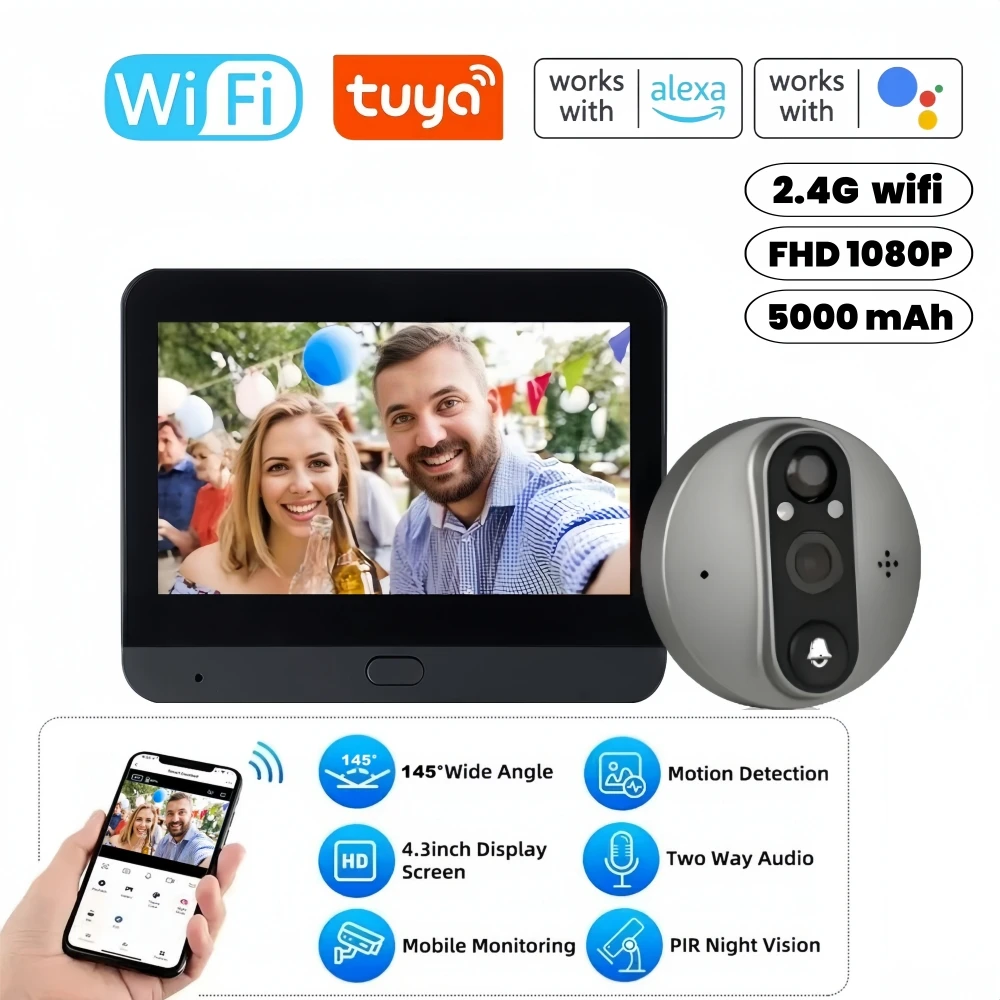 New Tuya Smart Home WIFI Digital Door Peepholes Viewer 4.3 Inch HD 1080P Outdoor Wireless Doorbell WIFI Camera Digital Magic Eye