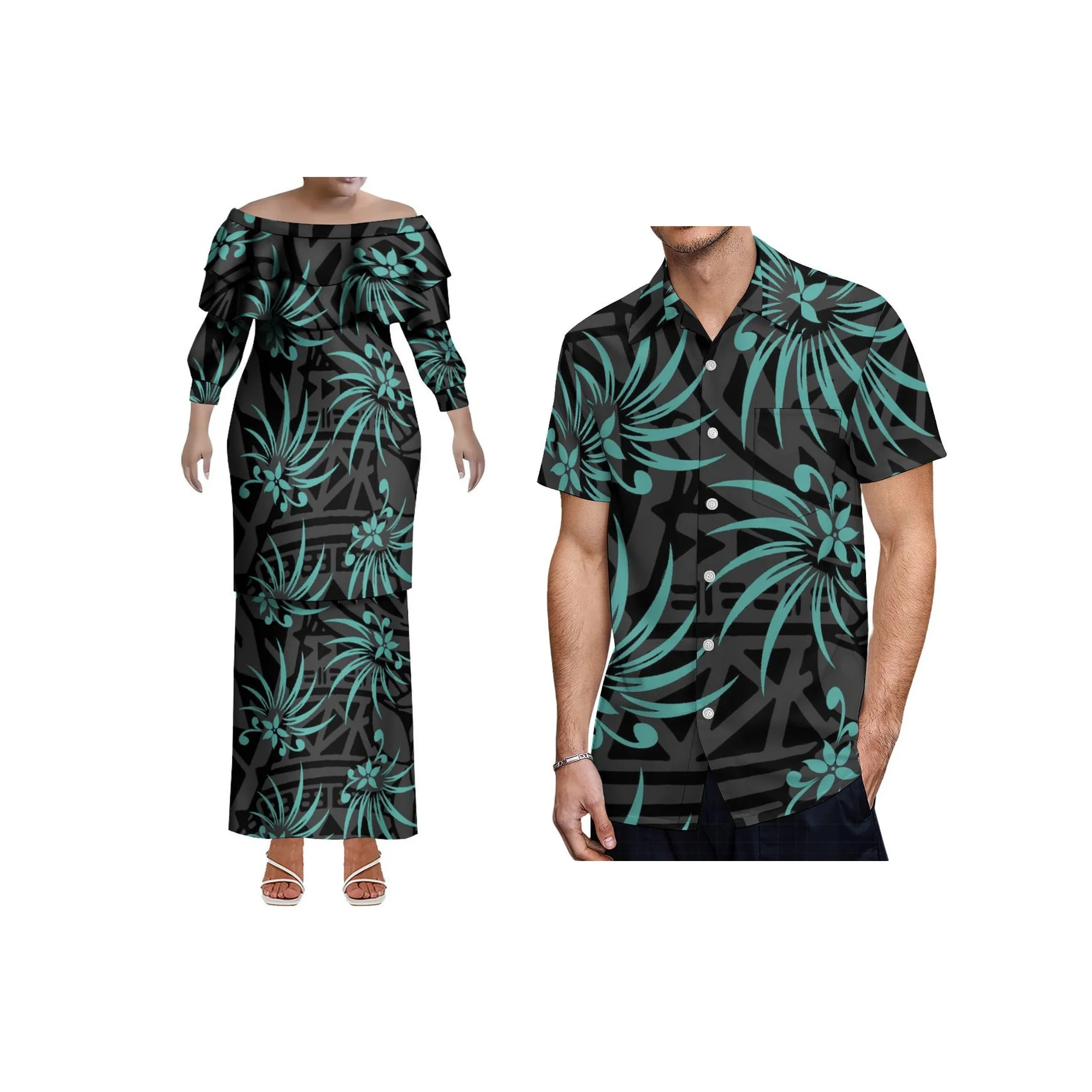 2025 novo estilo design personalizado fora do ombro xale vestido samoa puletasi vestido plus size feminino dupla camada babado vestido 2 peças