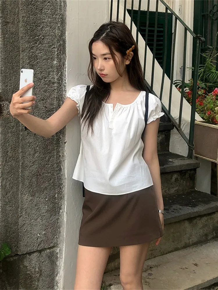 

Elegant Pleated Short Sleeve Shirt Loose Fit round Neck Color Top for Women Summer New Style French Style Cotton Bubble...