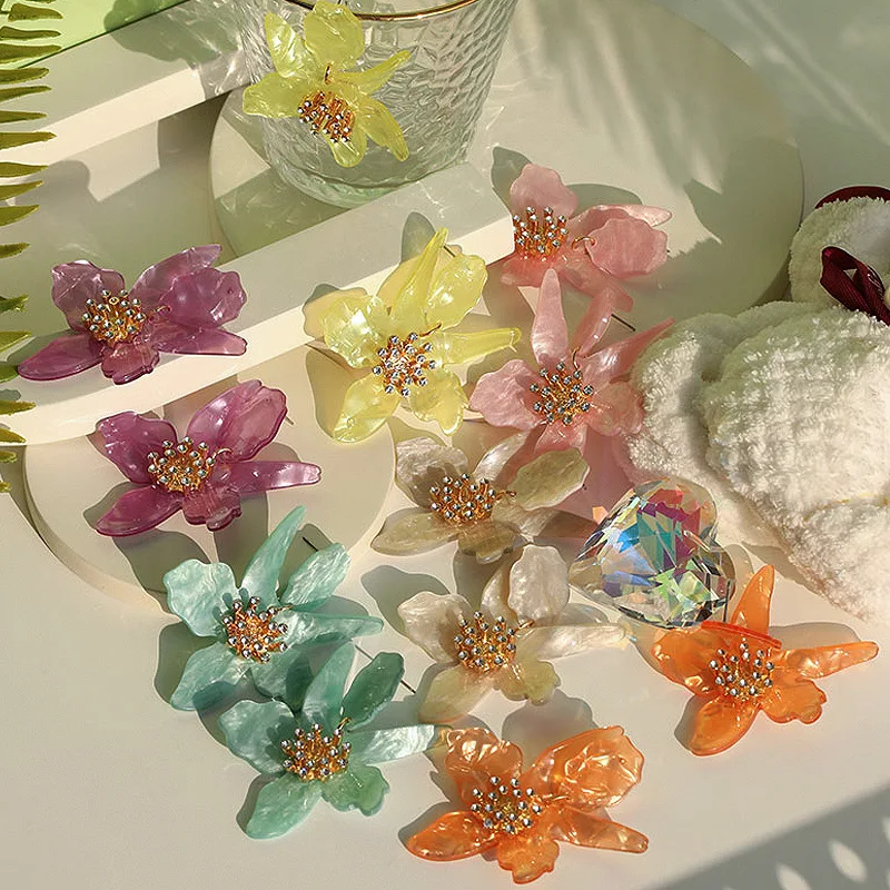 Multi Colors Fashion New Big Statement Resin Acrylic Flower Pendant Earrings for Women Party Jewelry