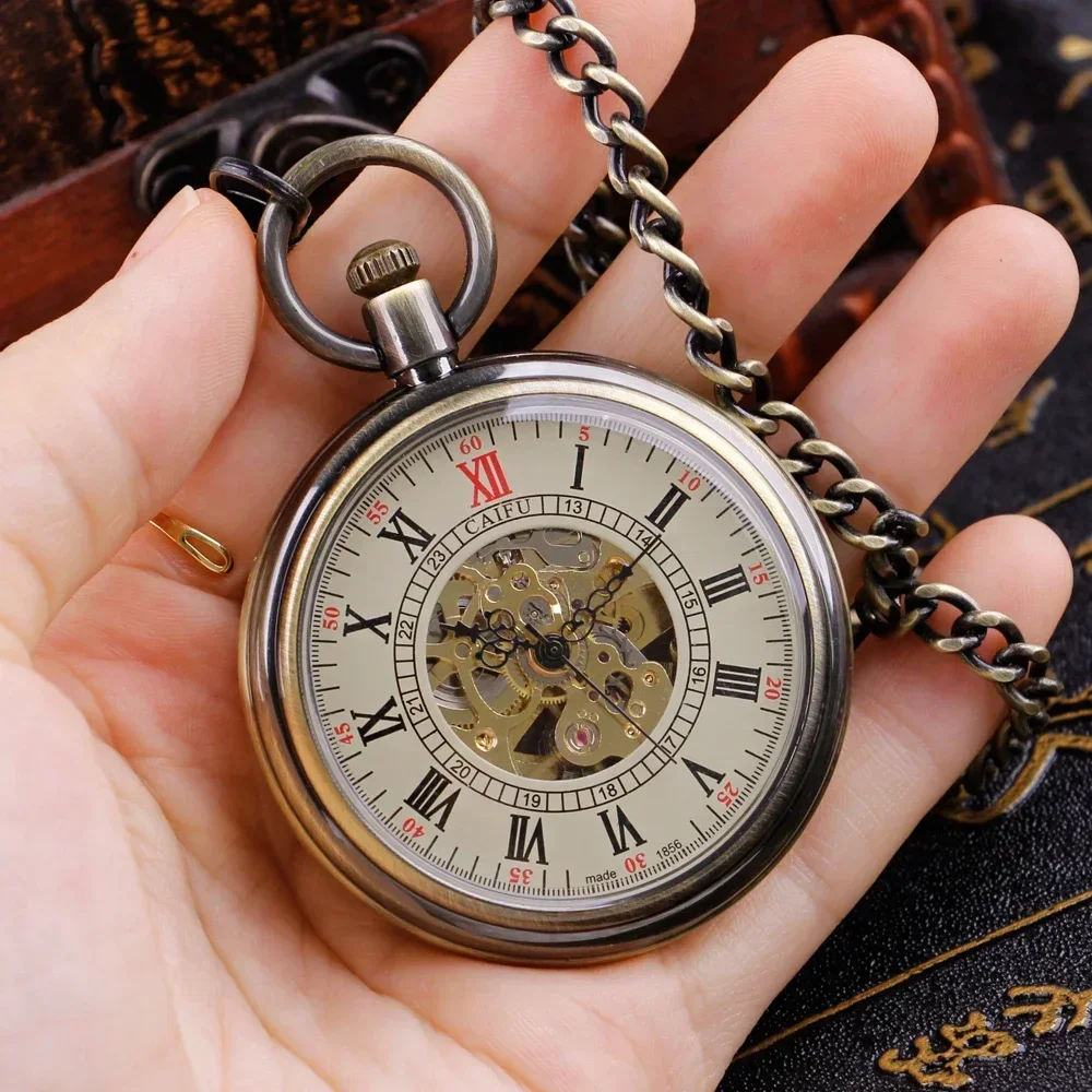 Open Face Roman Numerals Display Automatic Pocket Watch Bronze Metal Case Retro Punk Pendant Self Winding Pocket Clock