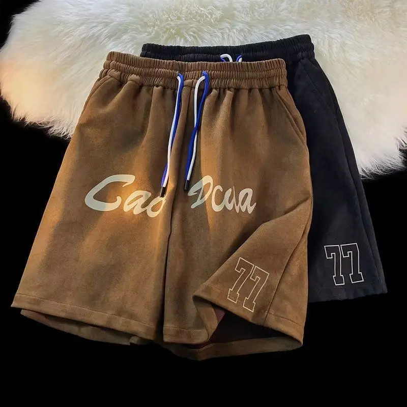 

Retro suede shorts for men in summer trendy American style casual loose versatile sporty five quarter pants for wearing outside