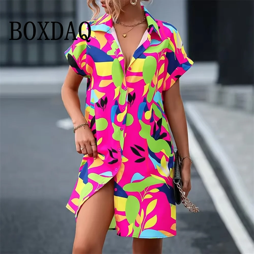 2025, Sommer-Damenkleid, modisch, kurzärmelig, Hemdkleid, 3D-Blattdruck, täglich, lässig, Revers, Knopf, kurzes Kleid, Basic, lange Oberteile