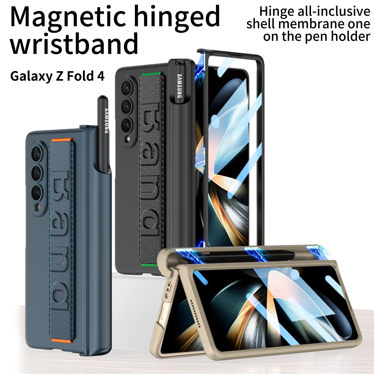 

For Samsung Galaxy Z Fold 4 Case Luxury Wristband Pen Holder Magnetic Hinged Mirror Film All-inclusive Shockproof Cover No Pen