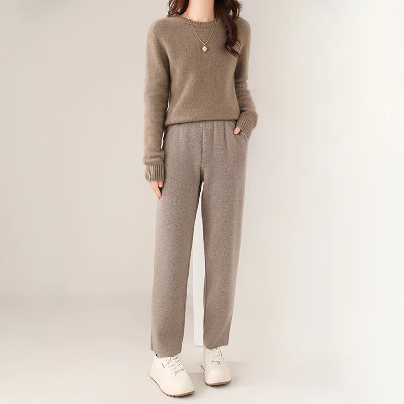 BELIARST Women's 100% Merino Wool Knitted Pants Autumn Winter Thick Straight Leg Casual Warm Elastic Waist Fashion