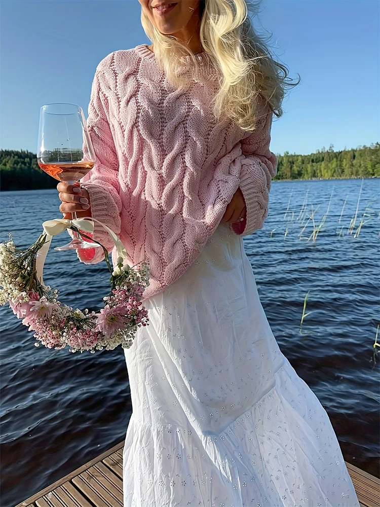 

New Loose Twisted Round Neck Long Sleeve Pullover Top Casual Versatile Women Sweater Y2k Pink Korean Reviews Many Girls Clothes