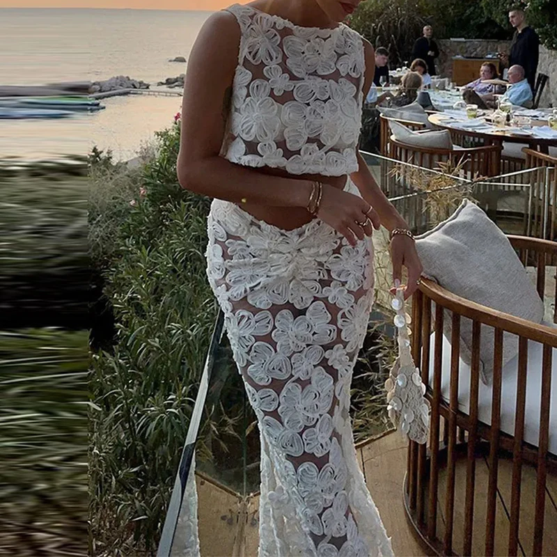 

2025 Summer Suit Sexy Hollow See Through Beach Vacation Outfit Women Elegant Sleeveless Camisole Mermaid Half Skirts Crochet Set