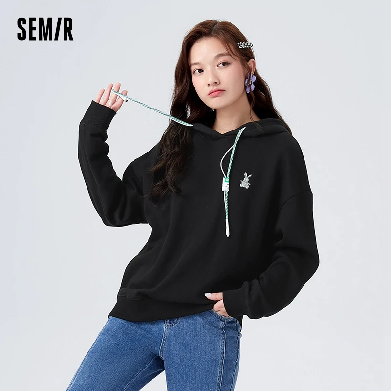 Semir Sweatshirt Women Velvet Presbyopic Rabbit Pullover Retro Winter Trendy Fashion Loose Hooded Sweatshirt