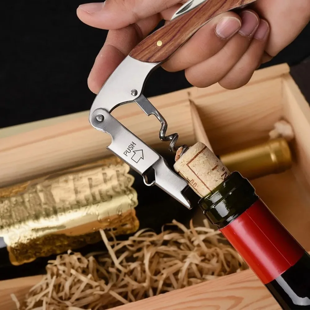 Stainless Steel Wine Bottle Opener Foil Cutter Cap Remover Professional Waiters Corkscrew Wood Handle 3 in 1 Wine Key Bartenders