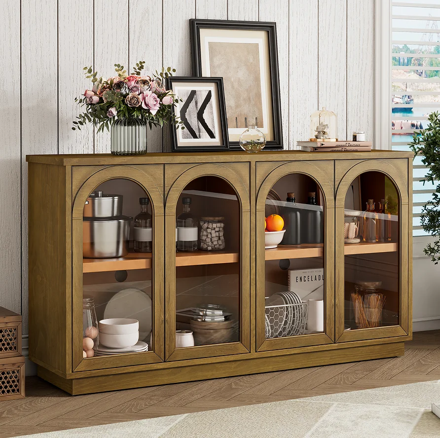 #Modern Solid Wood 4-Door Sideboard With Glass Doors And Adjustable  Eco-Friendly & Durable Storage