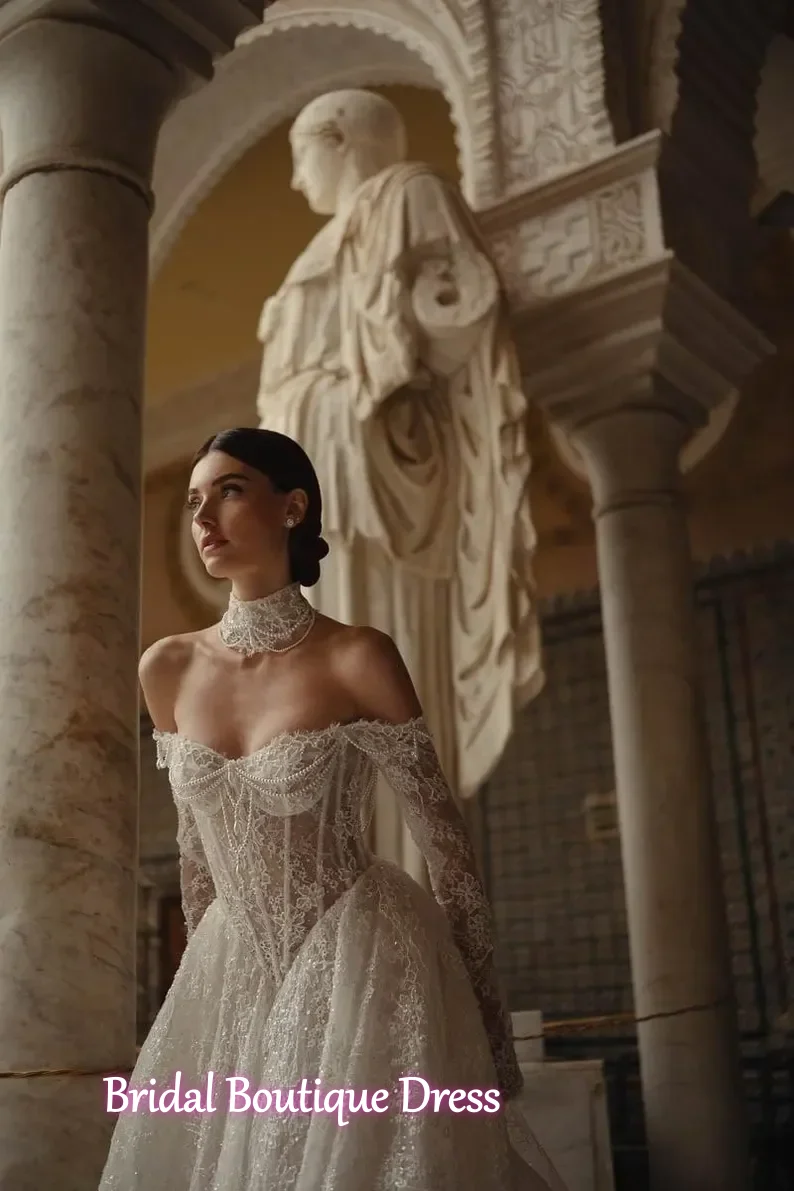 New Arrivals Off The Shoulder Long Sleeve Sweetheart Neck Lace A-Line Bridal Wedding Dress Vestido De Novia