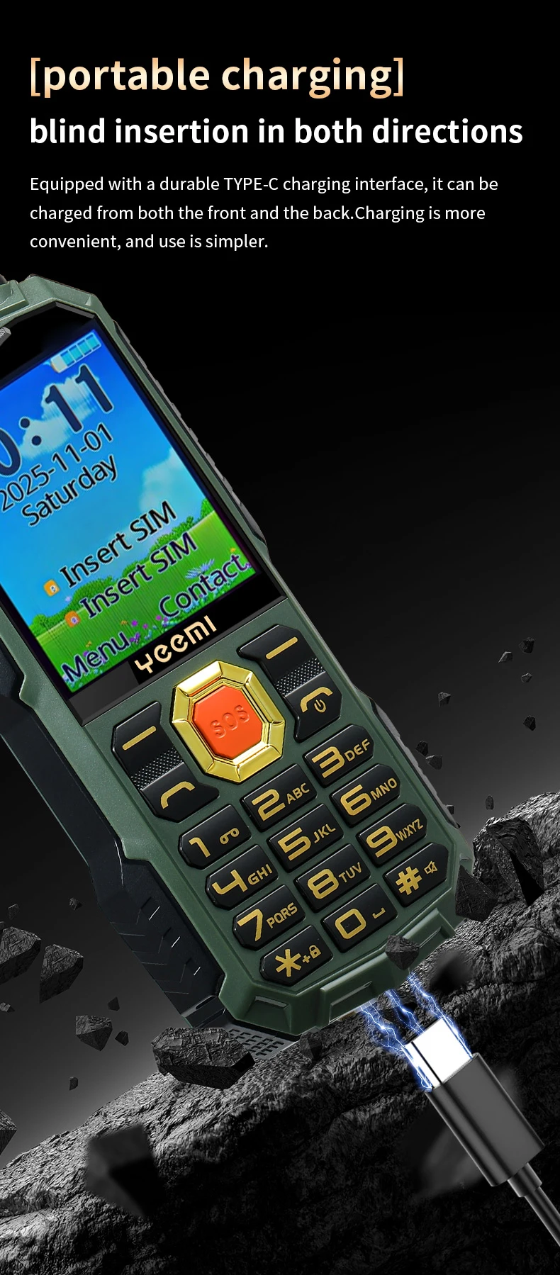 YEEMI Q5 4G Button Phone 2.4inches Dual SIM Card HD Call Camera FM LED Flashlight LTE Type-C Triple-proof Outdoor Mobile Phone