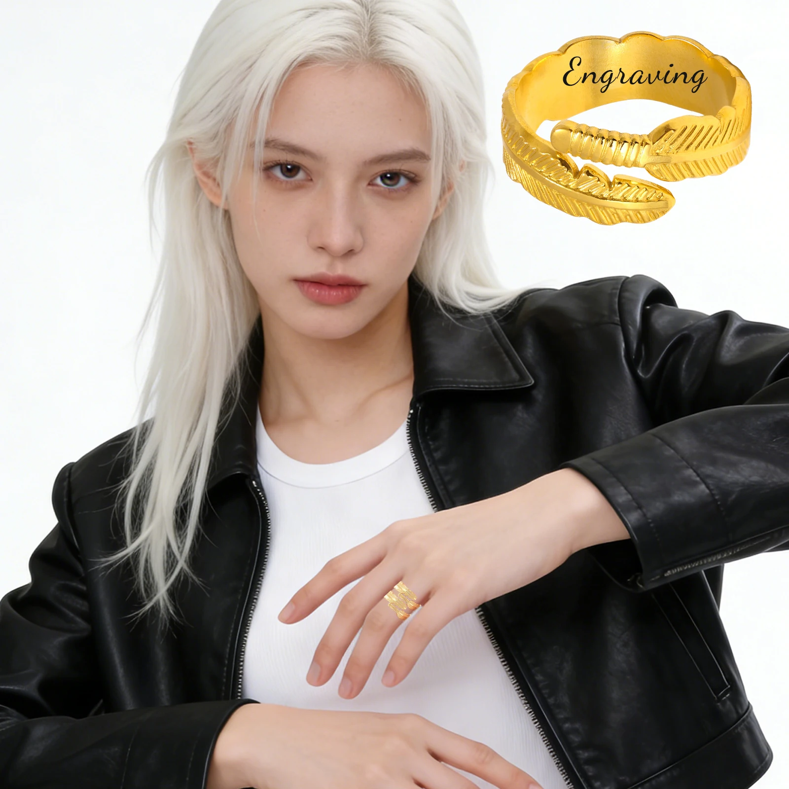 

Feather Shape Geometric Ring Gold Plated Custom Engraving Stainless Steel Birthday Party Gift Jewelry Irregularly Opened Ring