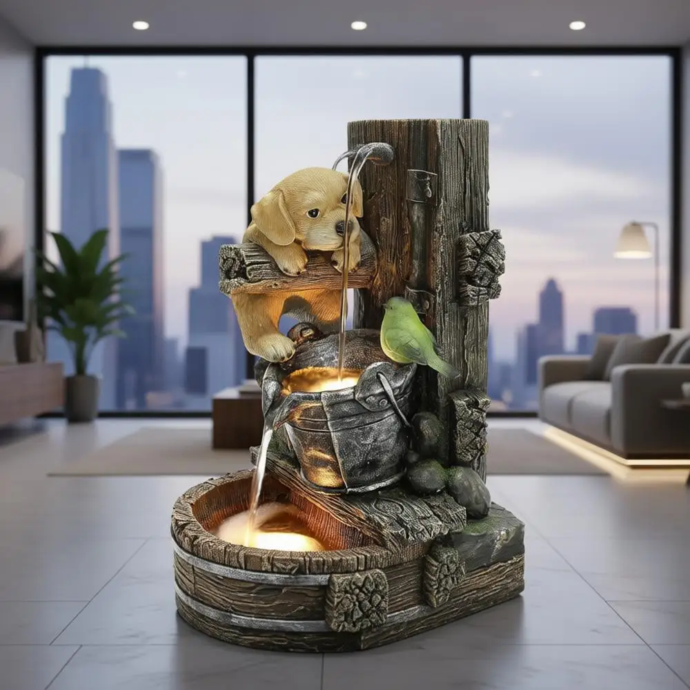 

LuxenHome Water Fountain Outdoor, 25" Whimsical Puppy Dog Resin Outdoor Water Fountain with LED Lights, Decorative Garden Waterf