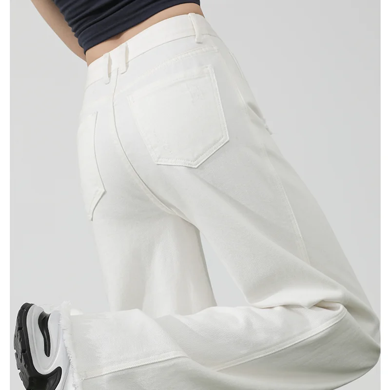 White Jeans Women Holes Hollow Out Tassel White Pants Casual High Waist Denim Pants Pocket Zipper Straight Pants Y2K Trousers