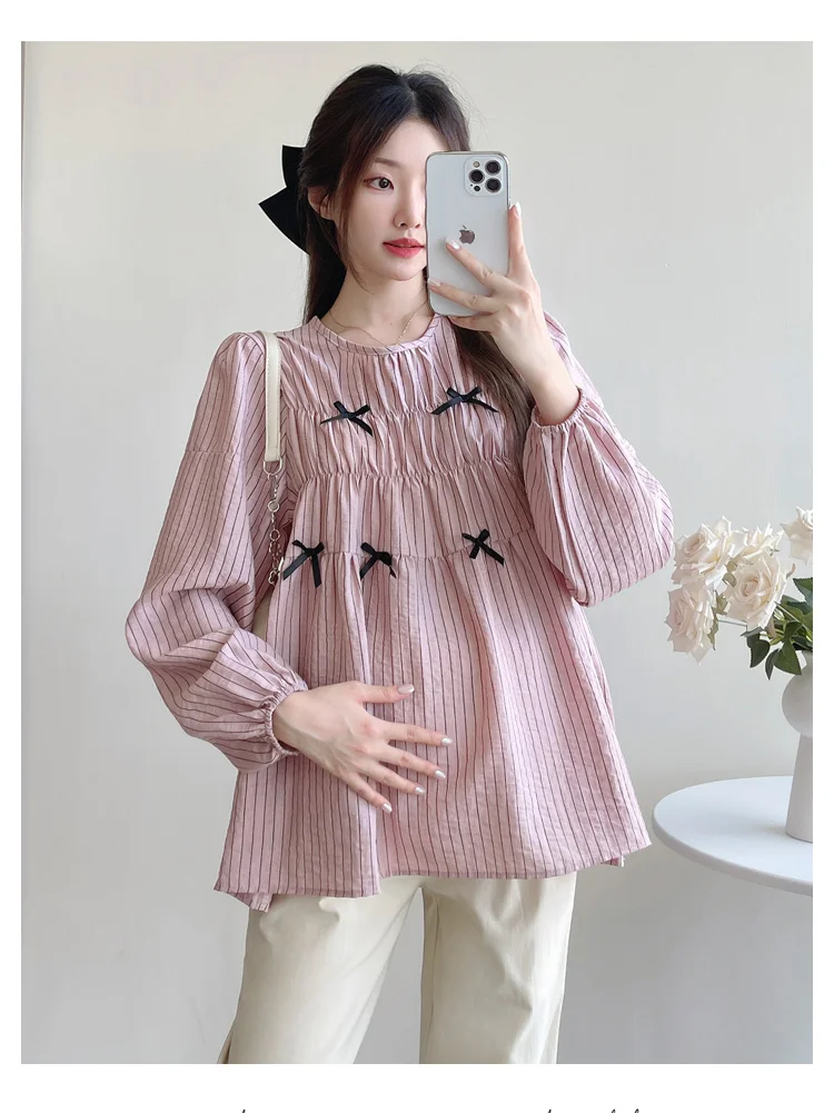 Korean Style Pregnant Women\'s Striped Shirts Long Sleeved Pleated High Waist Maternity Blouses with Bowknots Pregnancy Loose Top