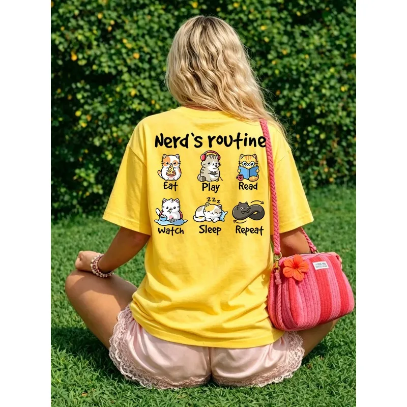Women's T-shirt Summer Cat Circle Eat Play Read Sleep Printed Short Sleeve T-shirt Round Neck Comfortable Loose Women's Top