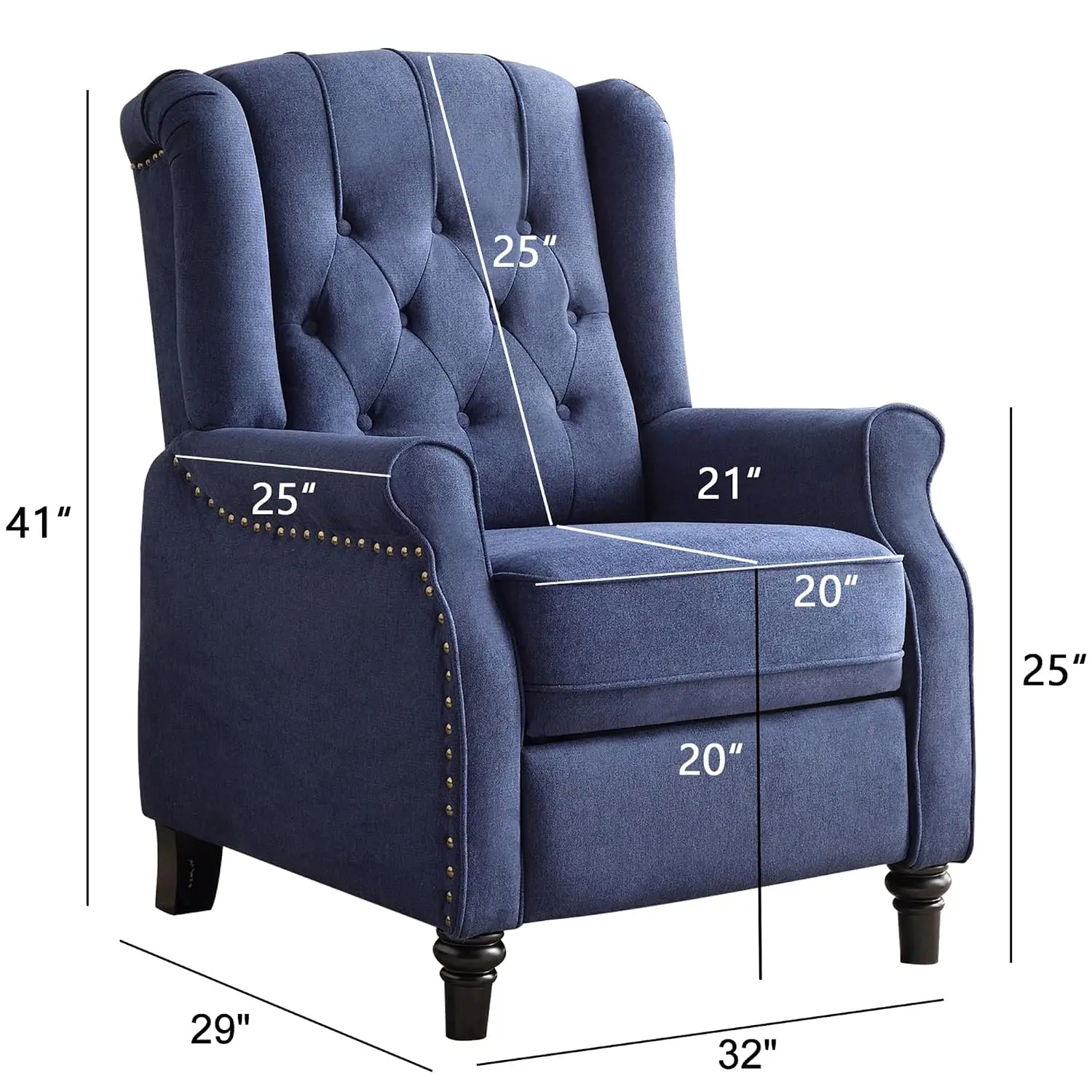 Mid Century Wingback Recliner Chair Set 2, Fabric Push Back with Rivet & Button-Tufted Back, Wood Legs, Blue, Customized