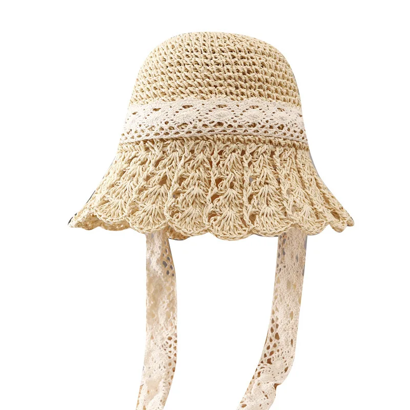 Cappello di paglia estivo da donna all'uncinetto scava fuori tesa più grande moda secchiello con lacci protezione UV berretto da sole pieghevole da spiaggia
