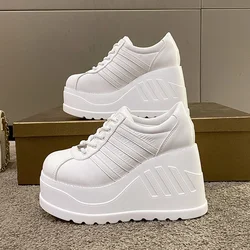 2022 White Shoes Women Lace Up pu Leather Wedges High Heel Pumps Shoes Female Breathable Chunky Platform Fashion Sneakers Size42