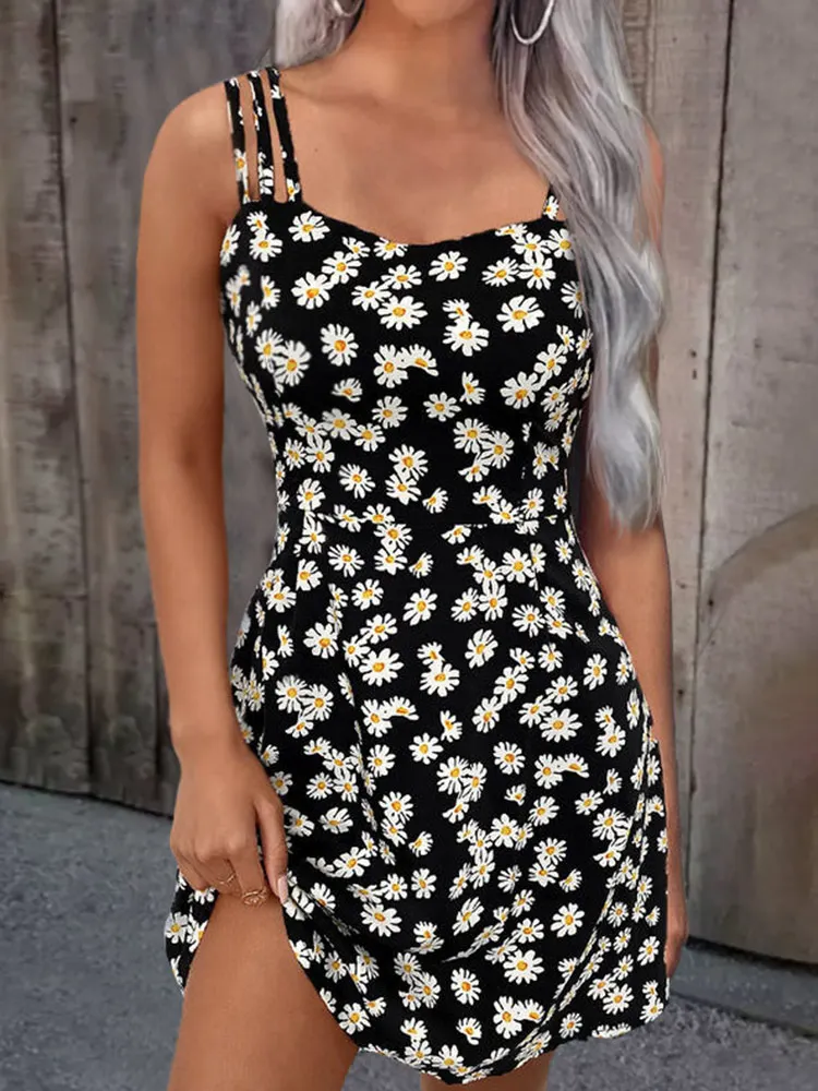 

Women Summer Mini Dresses 2023 Vintage Floral Little Daisy Print Boho Beach Dress Sexy Sleeveless Sling A Line Loose Dress