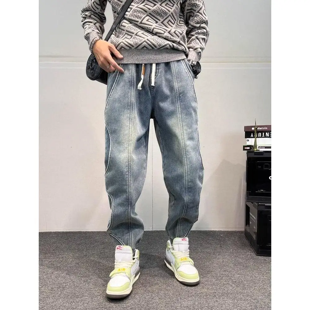 

Trendy Men's Jeans Elastic Waist Personalized Cuffed Blue Patchwork Slim Fit Harlan Straight Leg Cotton Polyester Blend Casua...