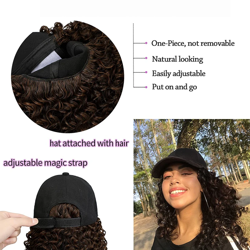 Hat Wig for Women Black Baseball Cap with 16in Hair Extensions Adjustable Wig Hat Kinky Curly Seamless Connection Hairpiece