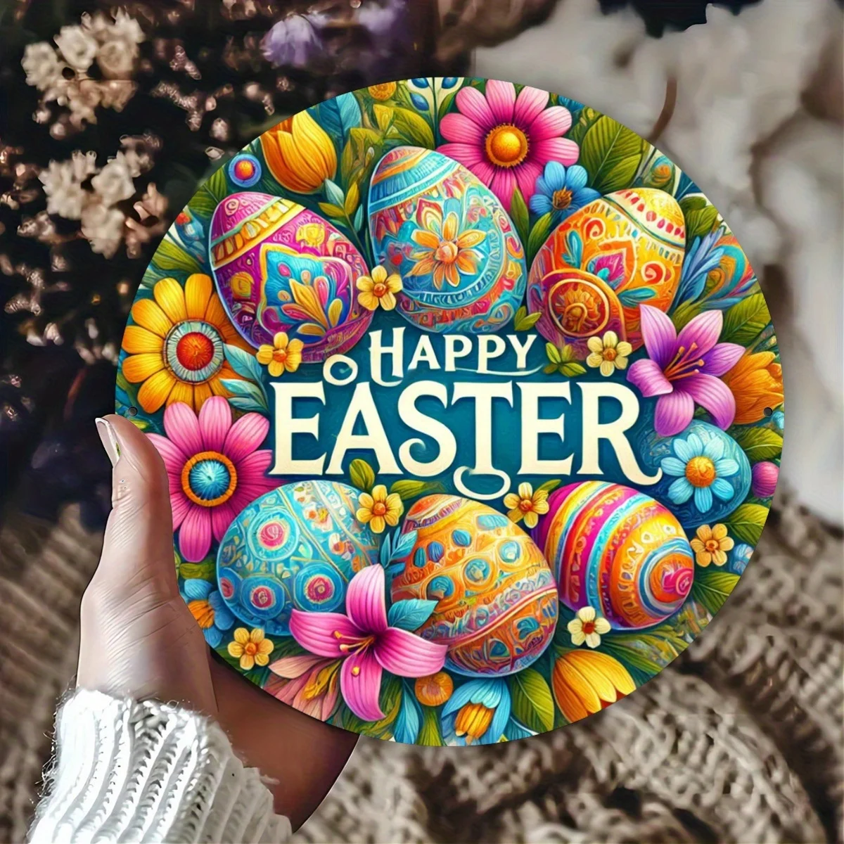 Room Decor 1pc, Easter Celebration Round Metal Tin Sign, 7.8x7.8 inches (20x20 cm), Durable Iron Wall Art, Festive Wreath Hangin