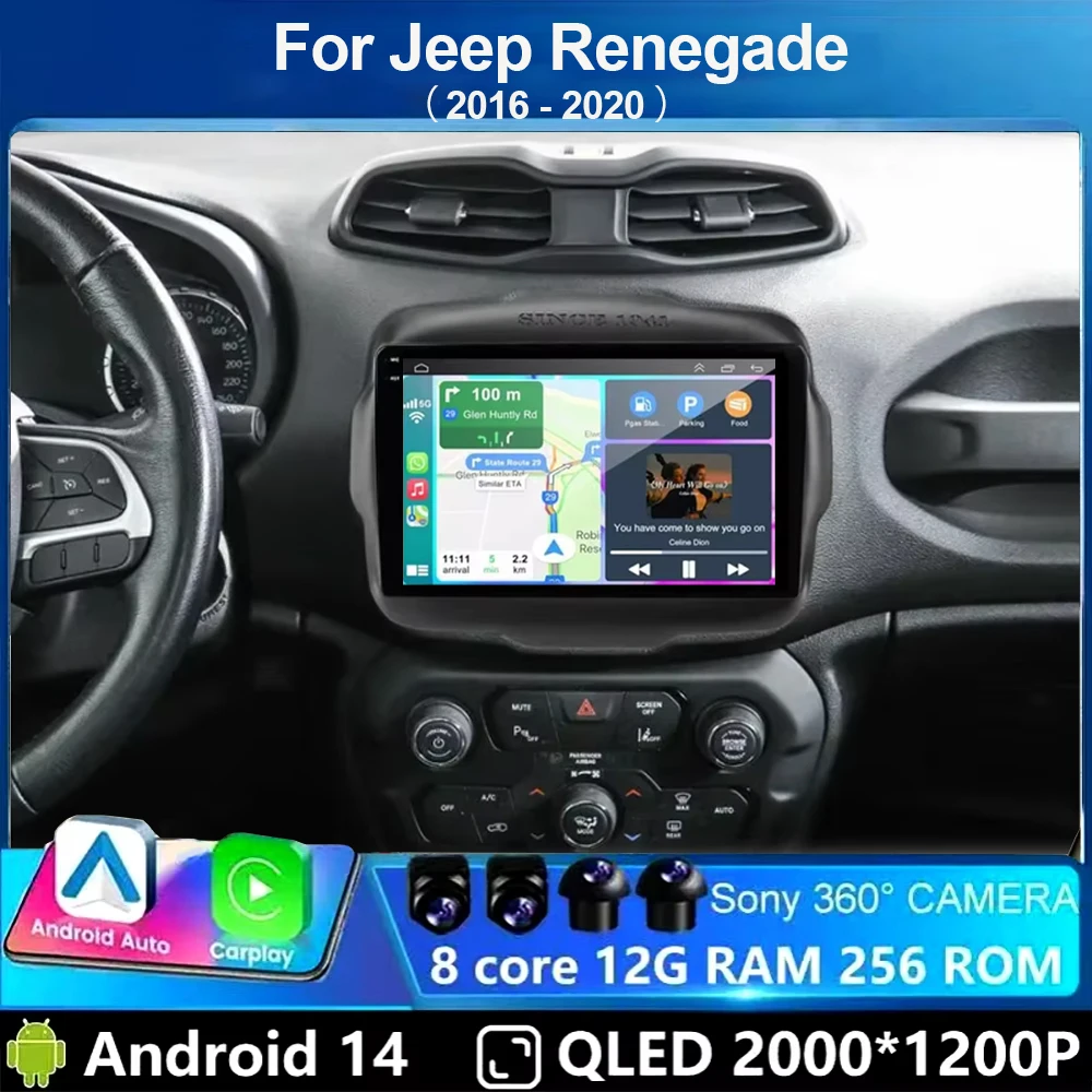 

Android14 Carplay Car Radio For Jeep Renegade 2016 2017 2018 2019 2020 Multimedia Player GPS Stereo Navigation WIFI+4G Video DSP