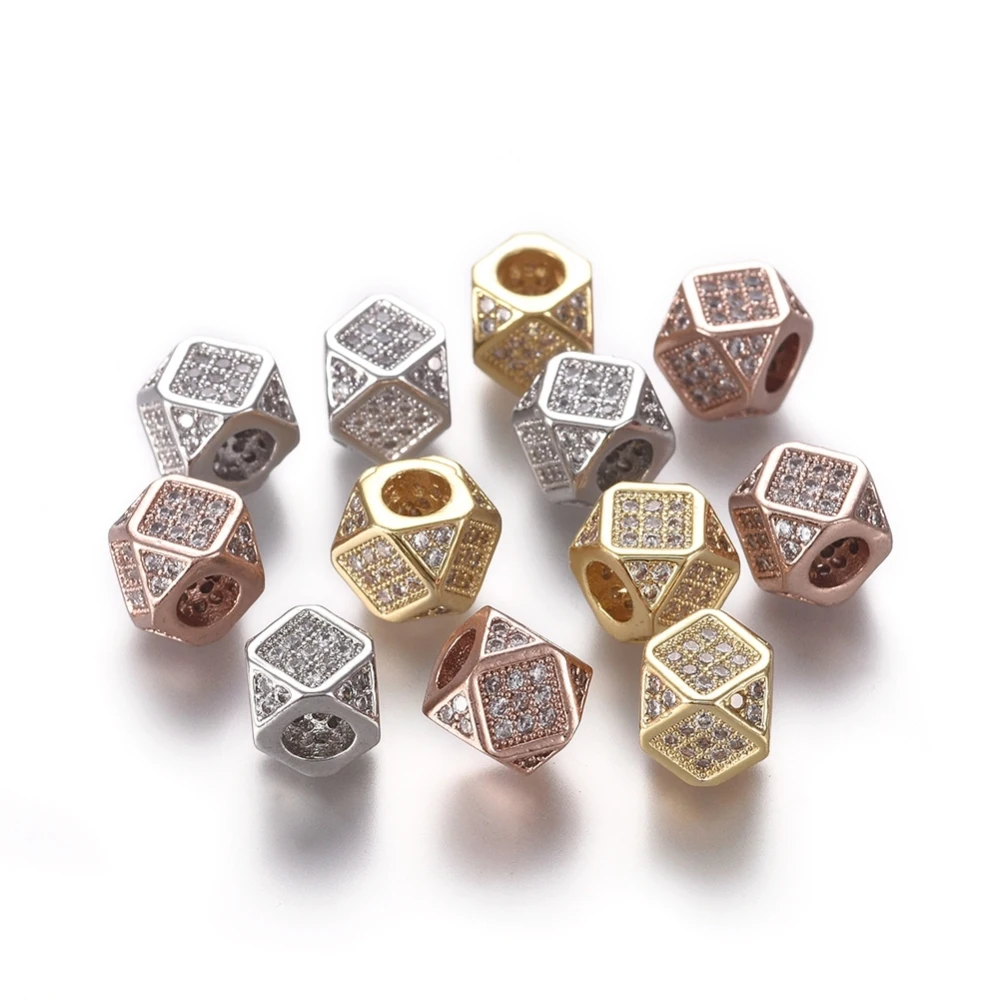 Perles polygonales micro pavées en laiton, 10 pièces, cubique, contre-indiqué, pour bijoux, porte-clés, collier, bracelet, artisanat