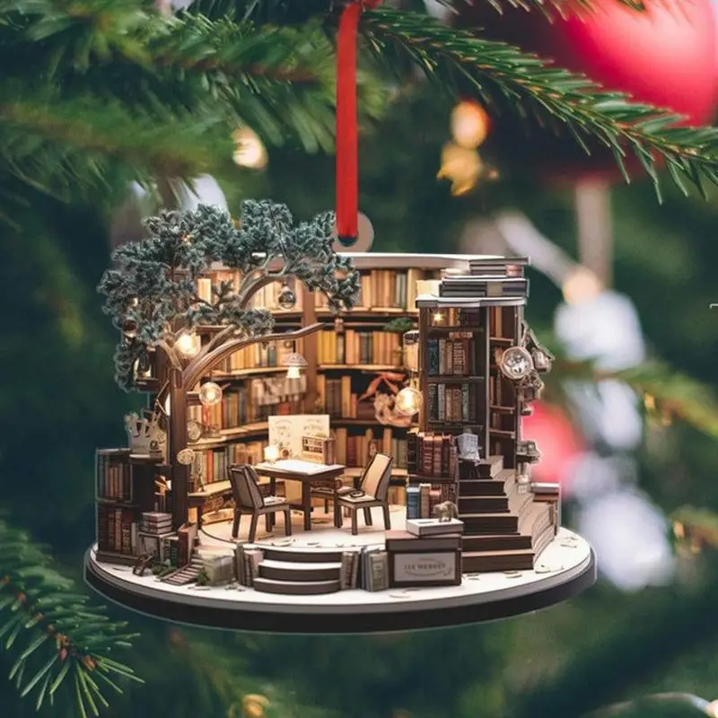 Christmas Bookshop Ornament Realistic Bookstore Pendant Christmas Tree Decoration Festival Pendant Decoration Gift For Party